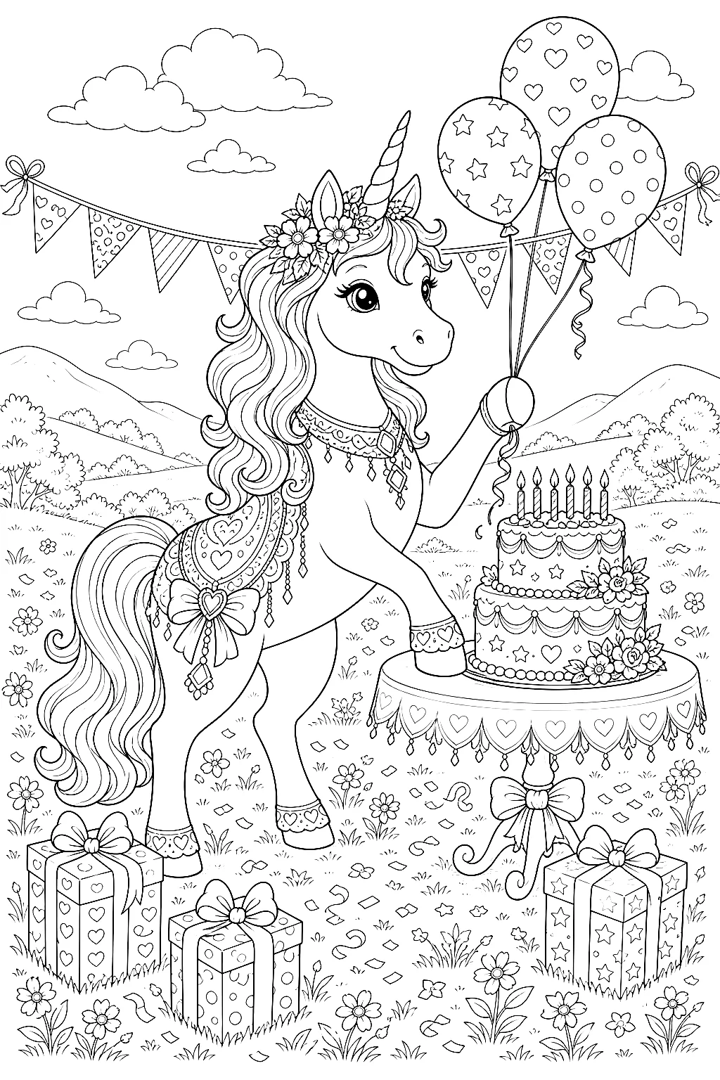 Einhorn mit reich verzierter Geburtstagstorte und vielen Luftballons