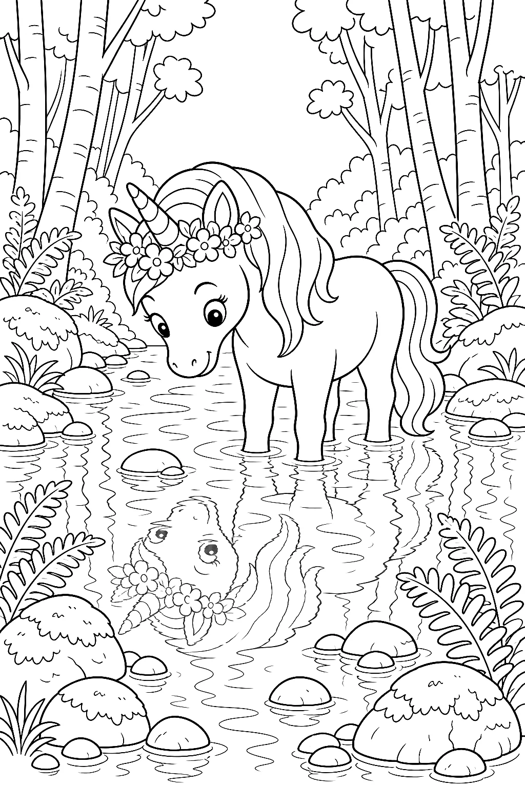 Einhorn kühlt sich im Waldbach
