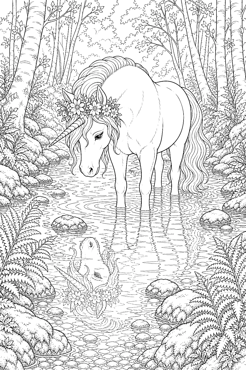 Einhorn mit reich verziertem Blumenkranz am Waldbach