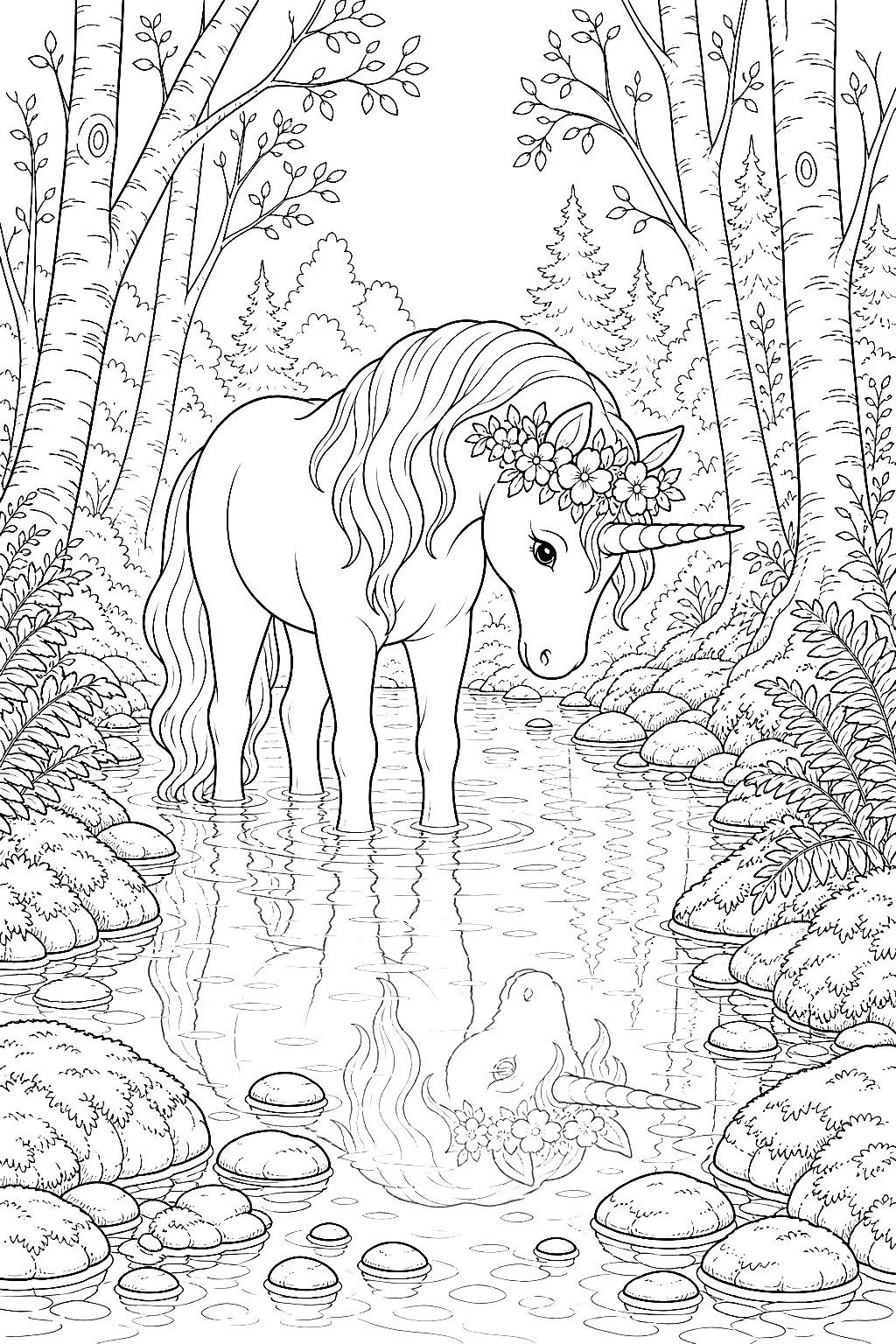 Einhorn mit Blumenkranz im Waldbach