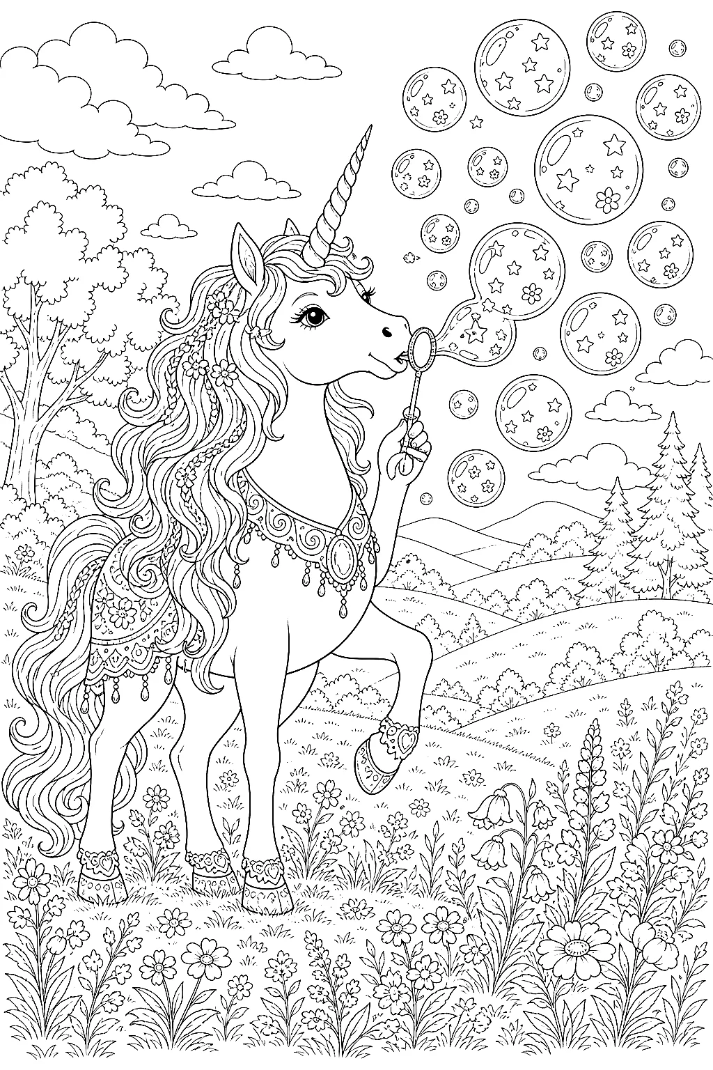Einhorn pustet viele feine Seifenblasen voller Sterne und Blumen