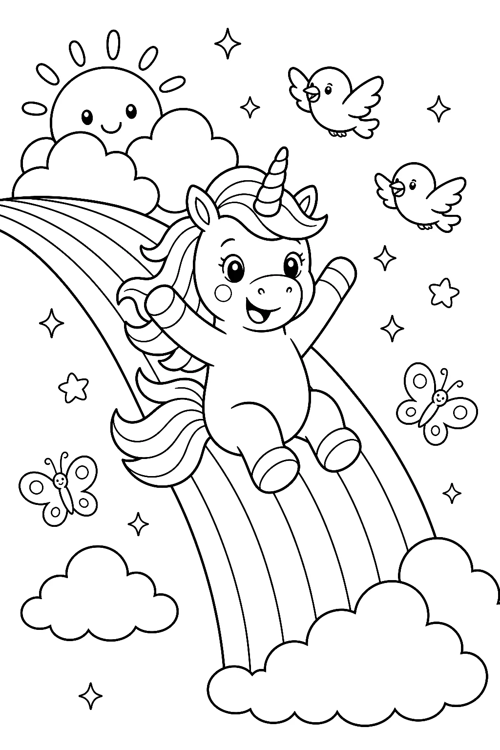 Ein fröhliches Einhorn rutscht den Regenbogen
