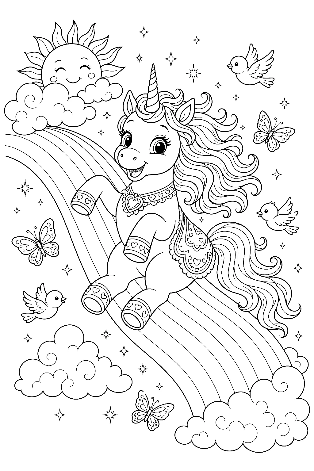 Detailreiches Einhorn rutscht den Regenbogen hinunter