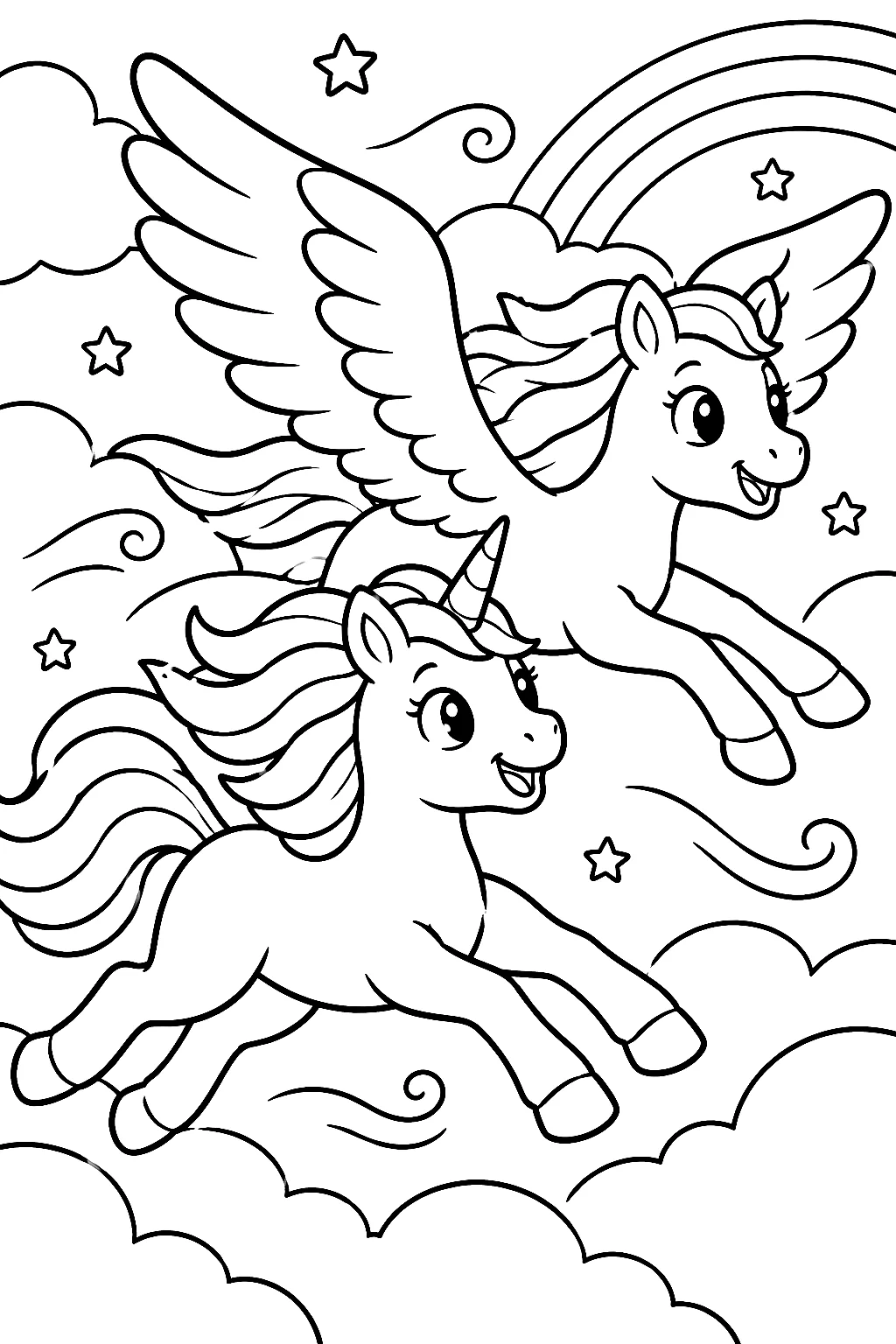 Einhorn und Pegasus fliegen über Wolken