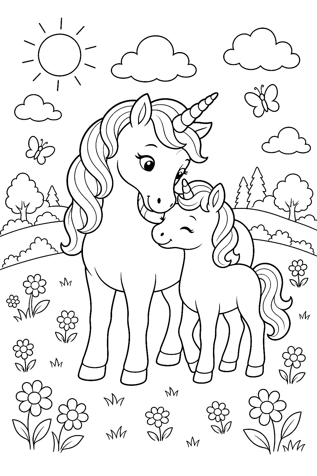 Einhornmama kuschelt ihr Fohlen sanft