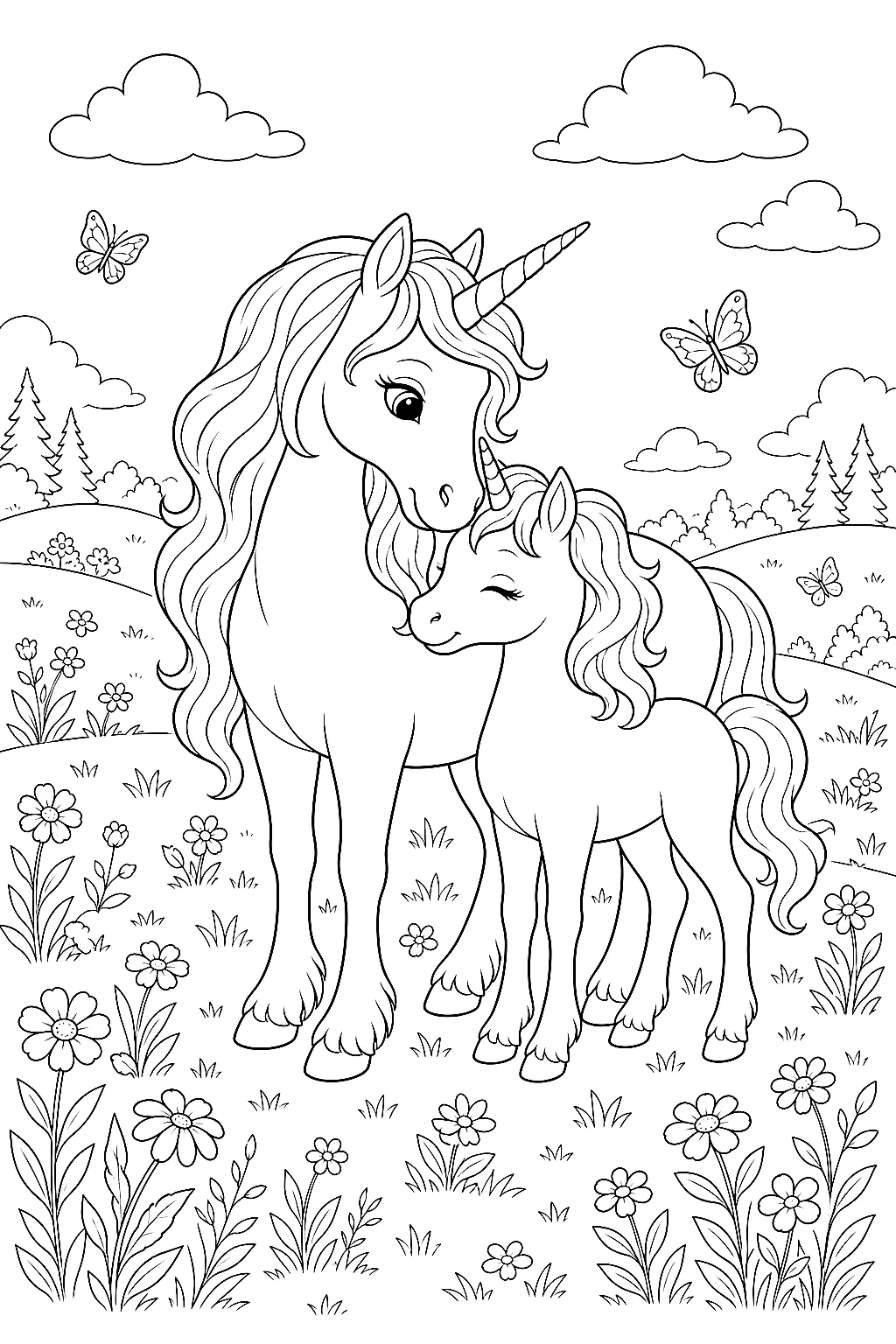 Einhornmama drückt ihr Fohlen liebevoll an sich
