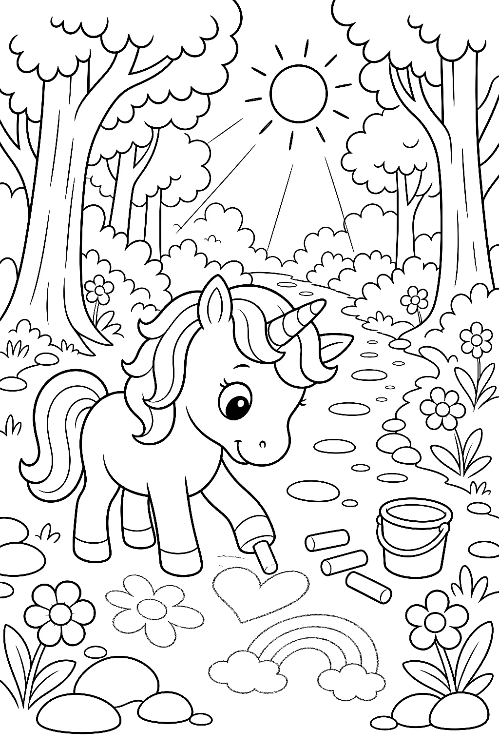 Kleines Einhorn malt mit Hufen am Weg