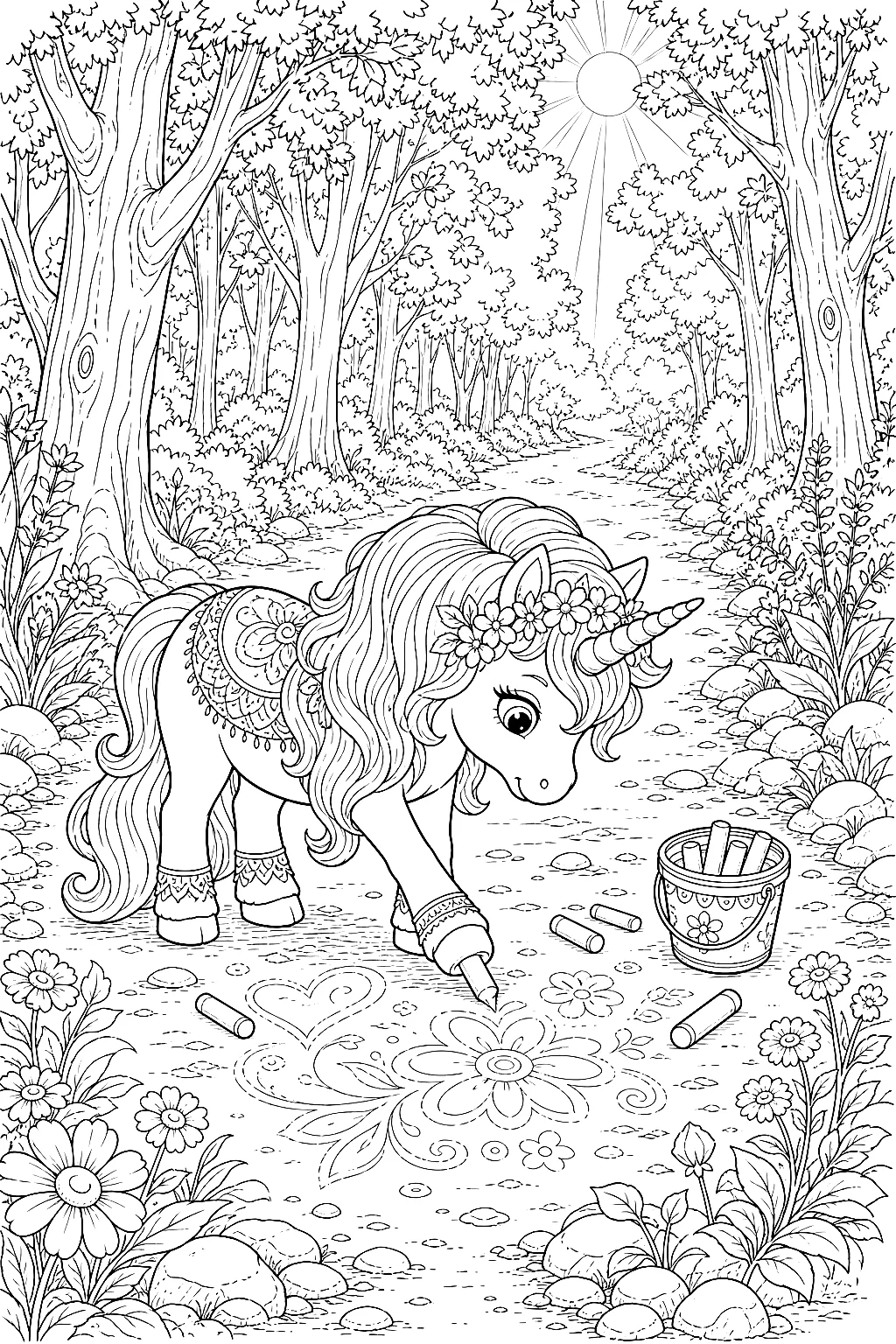 Kleines Einhorn malt viele feine Kreidebilder im Wald
