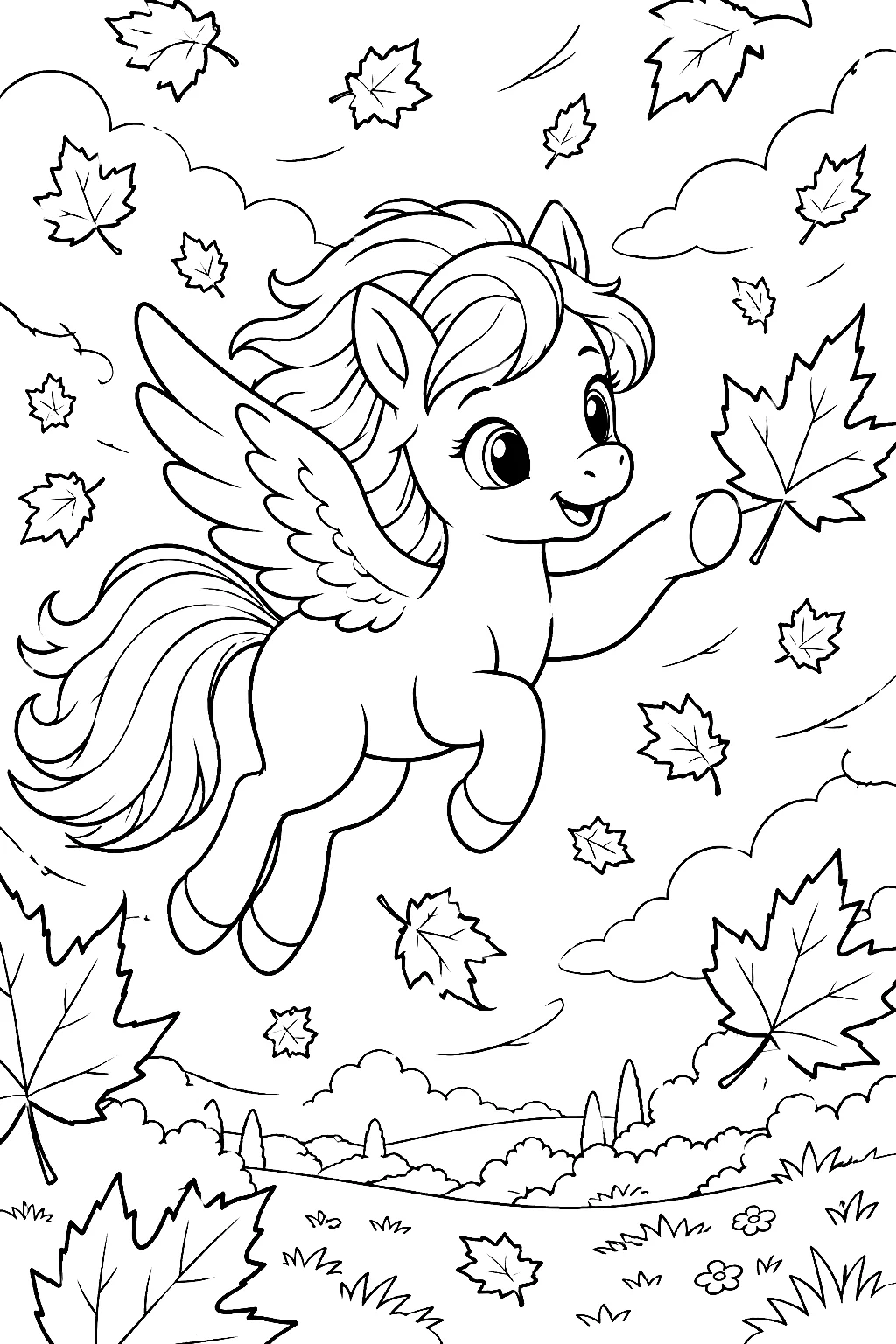Pegasus tanzt durch fallende Ahornblätter