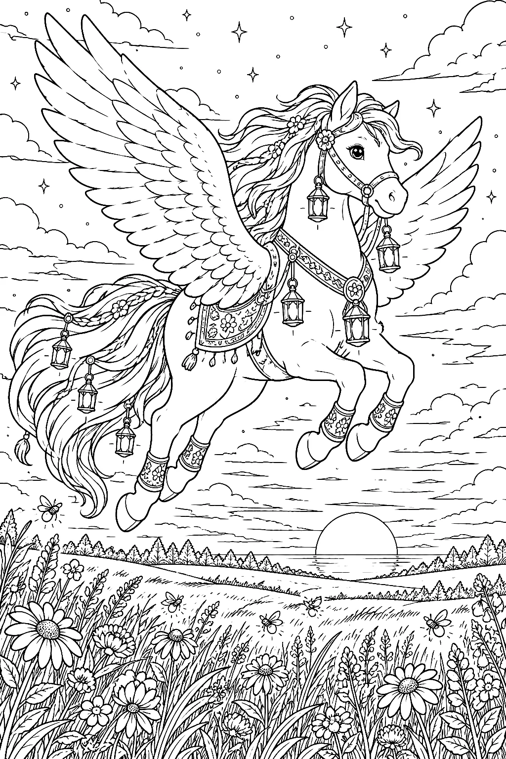 Pegasus mit vielen Laternen unter Abendhimmel