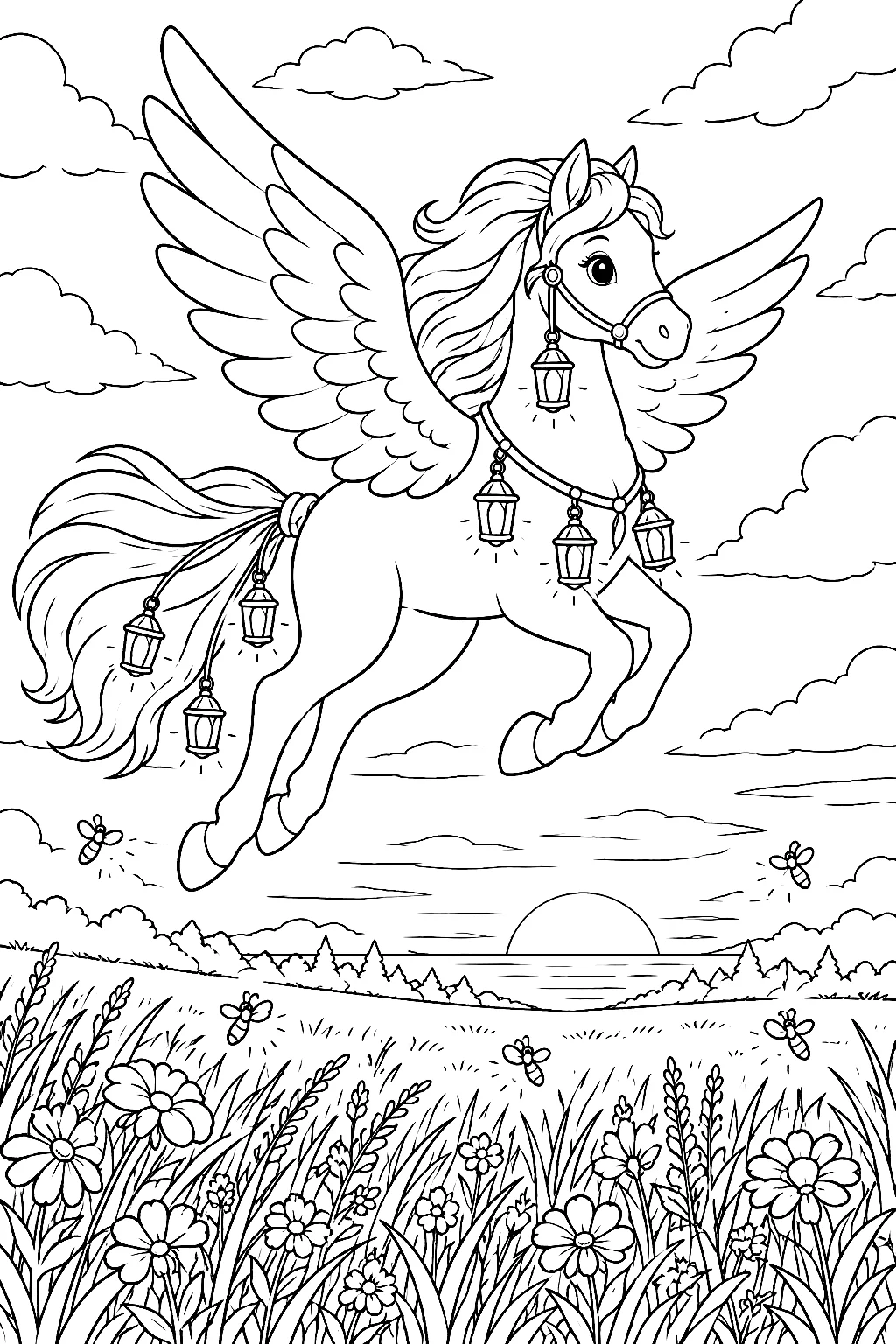 Pegasus trägt Laternen bei Dämmerung über Wiese