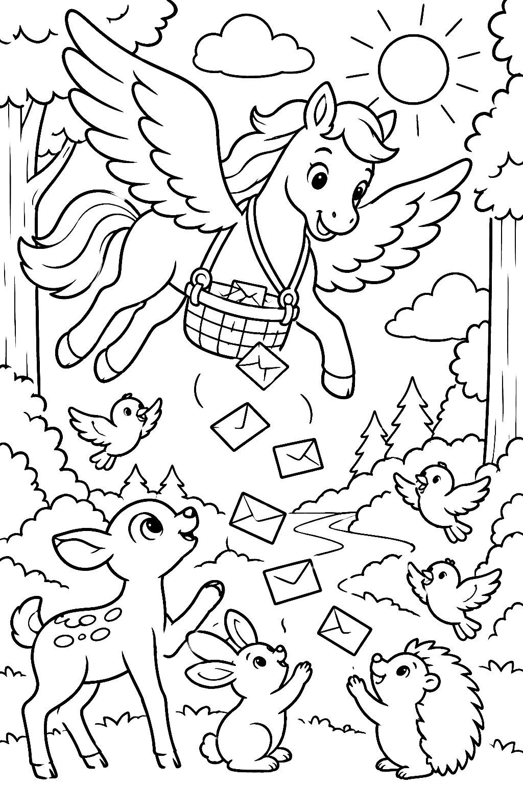 Pegasus mit Postkorb über Waldlichtung