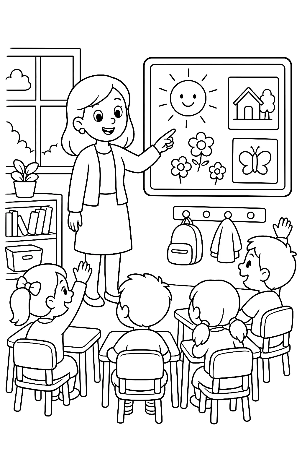 Lehrerin zeigt einfache Begrüßungstafel im Klassenzimmer