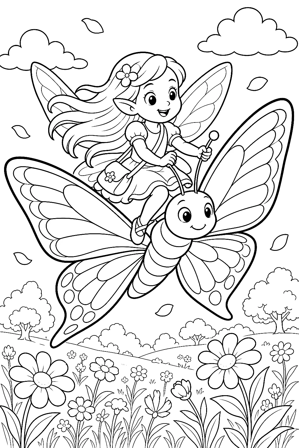 Einfache Elfe reitet auf großem Schmetterling