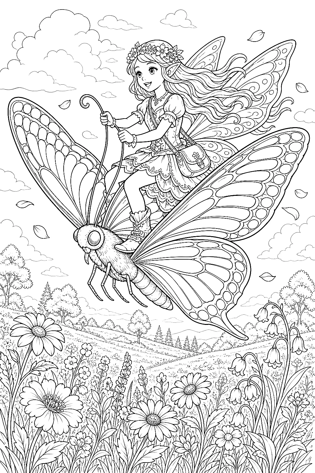 Fein verzierte Elfe reitet schillernden Schmetterling am Himmel