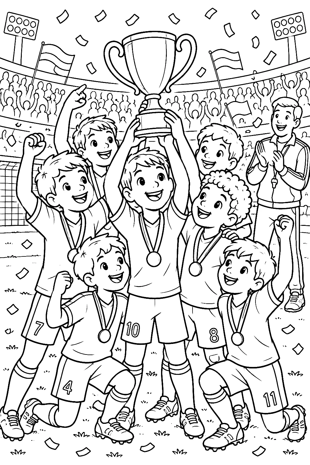 Mannschaft feiert Sieg und Pokal