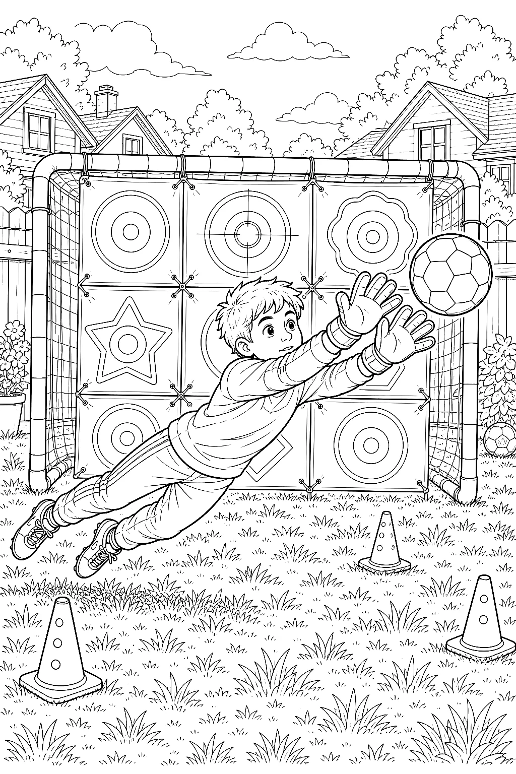 Kind springt nach schwierigem Schuss an gemusterter Ballwand