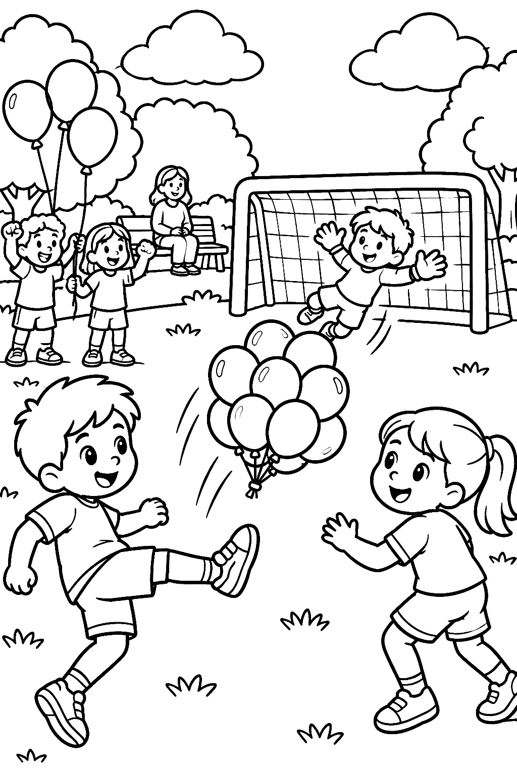 Kinder kicken Luftballon auf dem Rasen