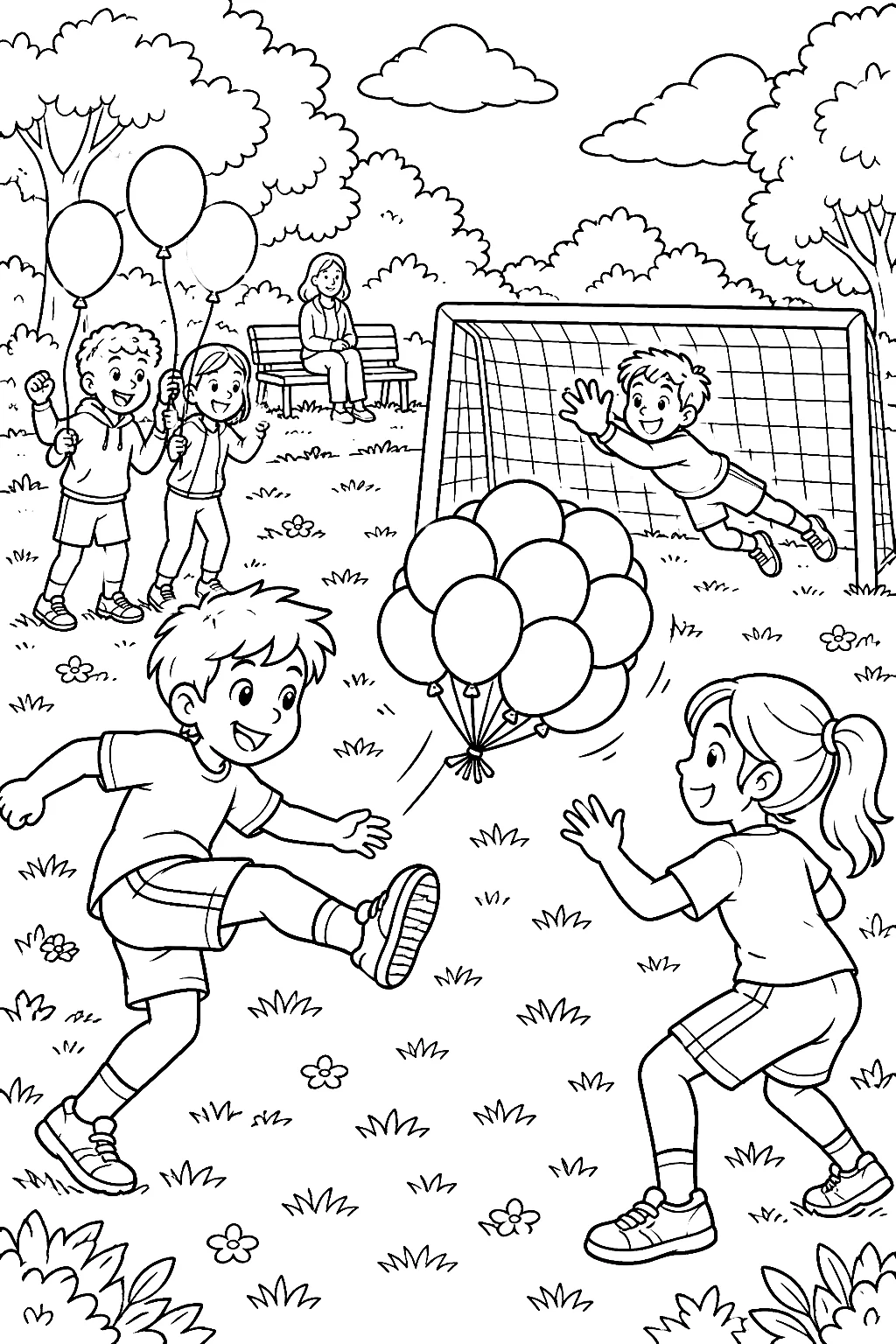 Zwei Kinder schießen ein Luftballon-Tor