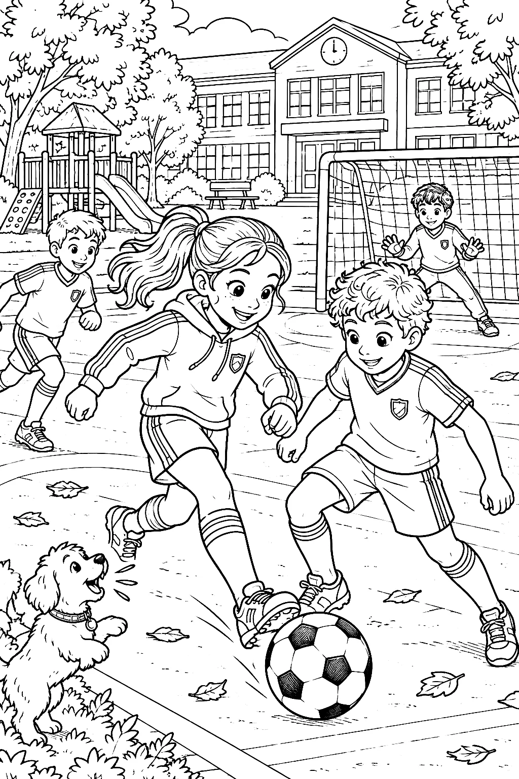 Kinder spielen Fußball, Hund jubelt neben Tor