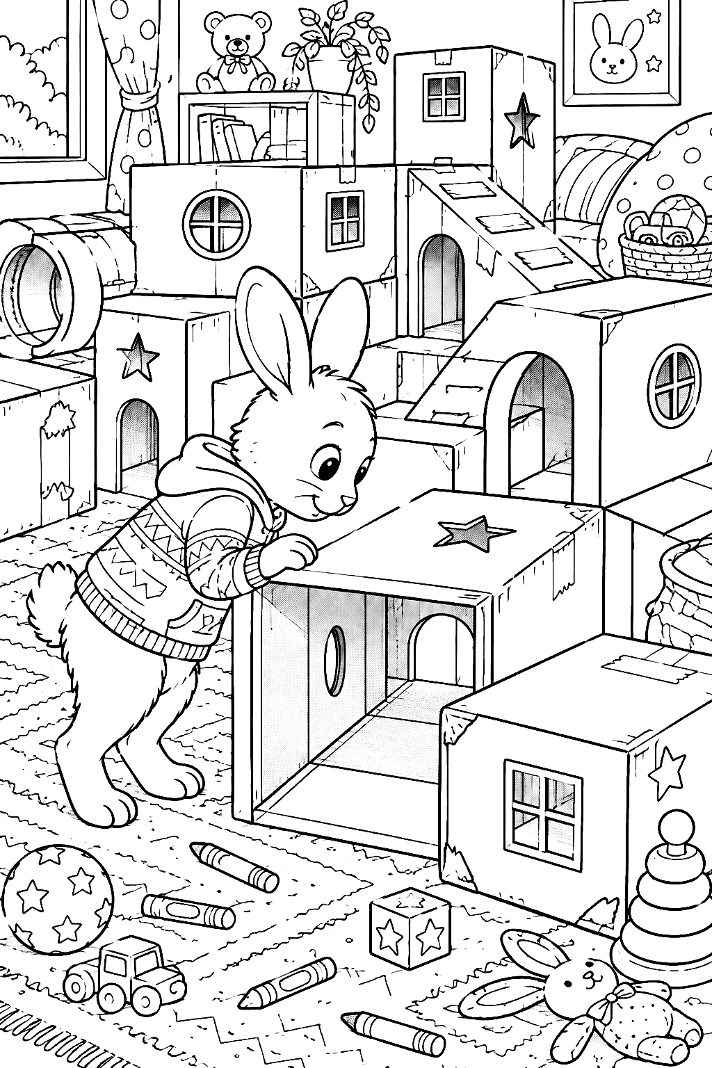 Detailliertes Kaninchen im komplizierten Kartonlabyrinth mit Fensterchen