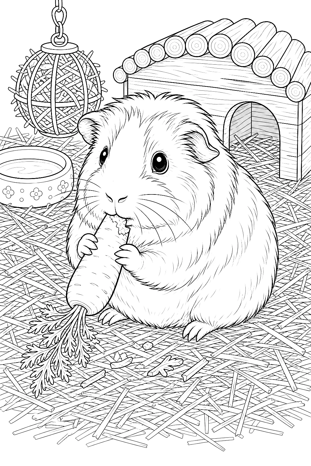 Fein detailliertes Meerschweinchen knabbert Karotte im Stall