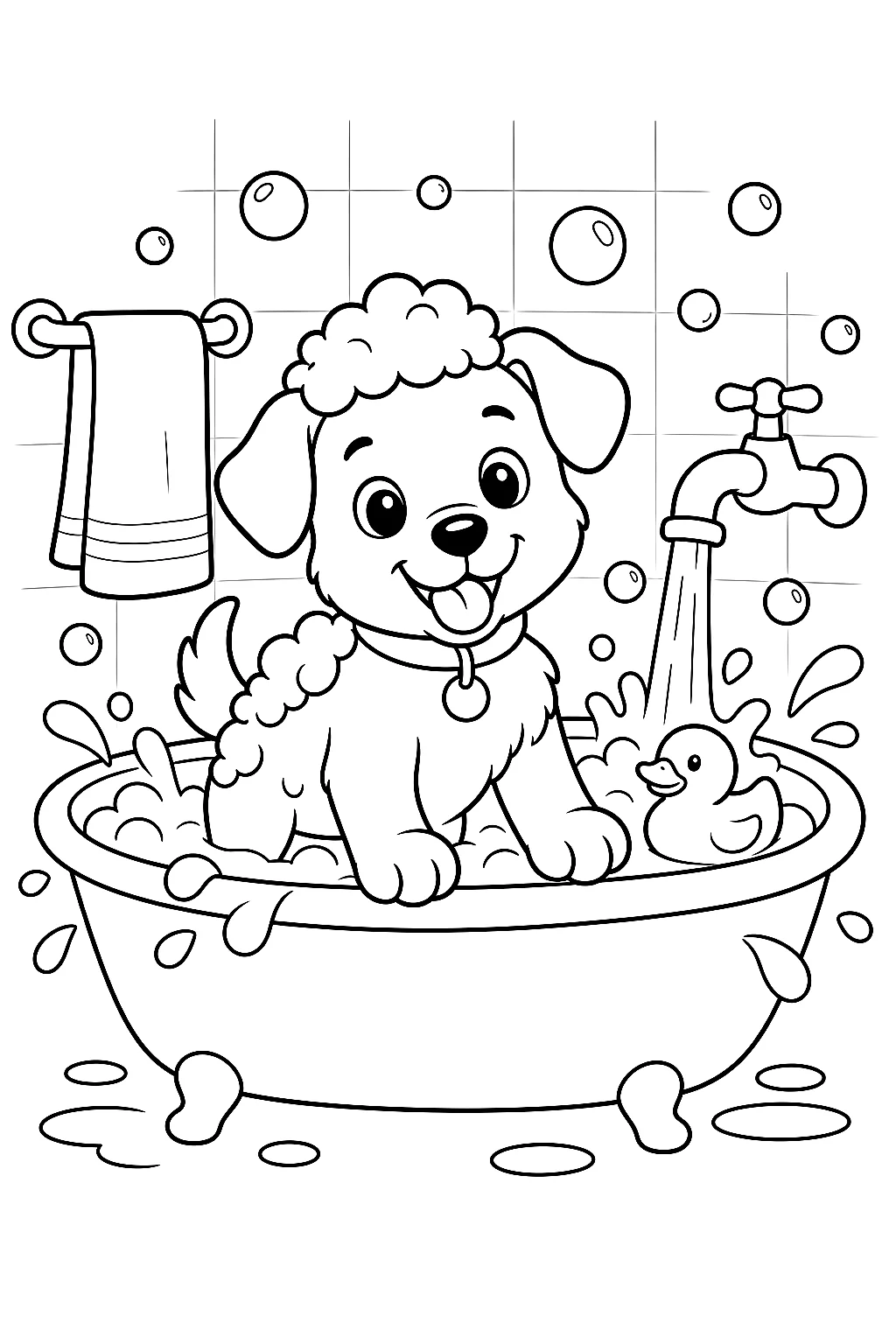 Kleiner Welpe planscht in der Badewanne