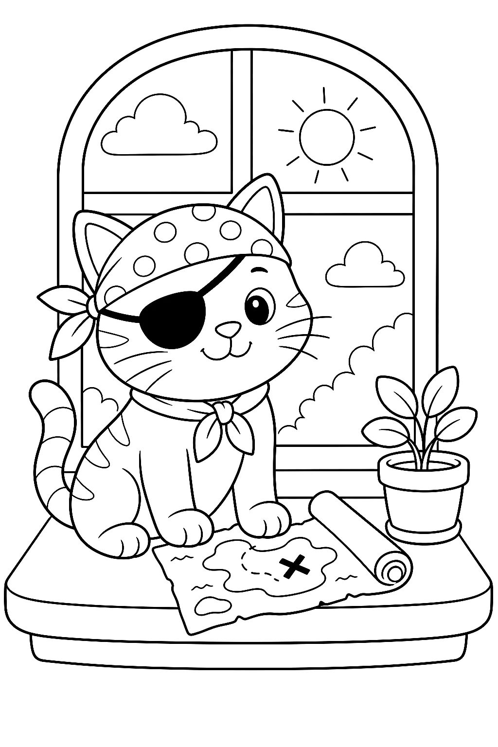 Einfache Katze als Pirat auf der Fensterbank