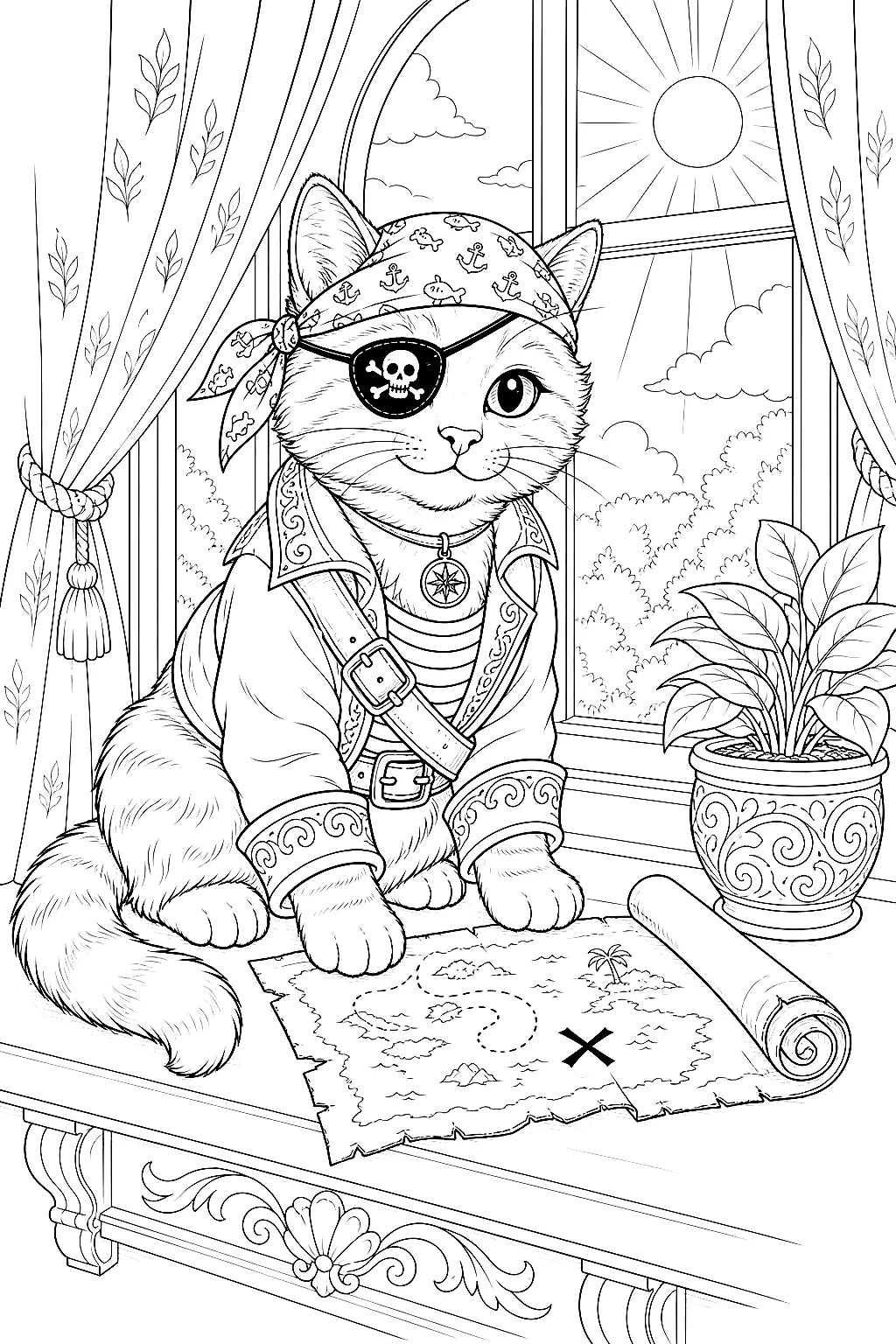 Detaillierte Piratenkatze mit Schatzkarte am Fenster
