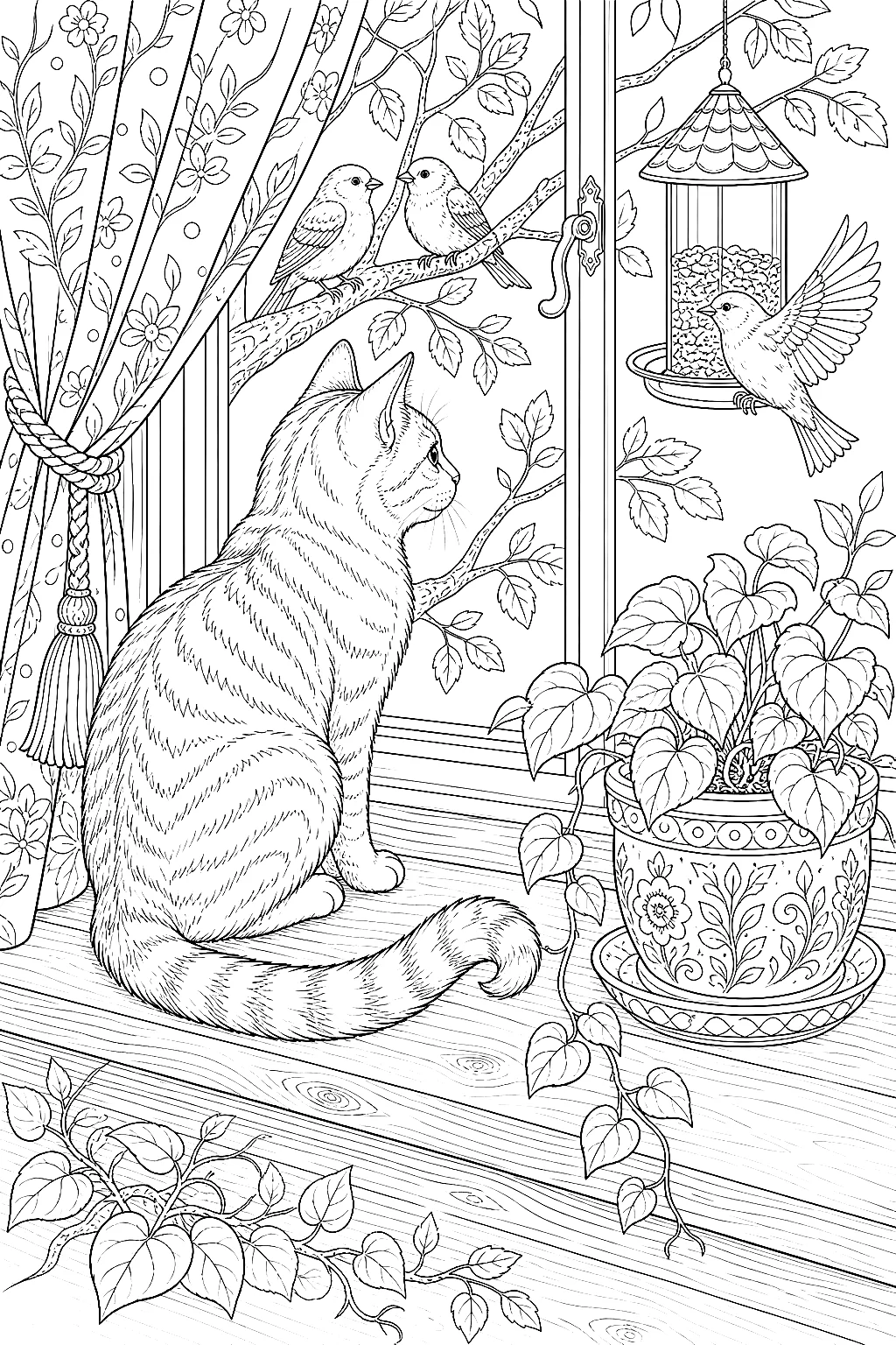 Sehr detaillierte Katze auf Fensterbank mit Vögeln