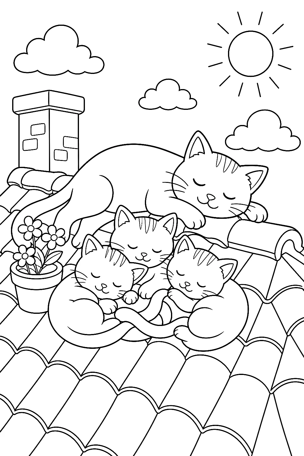 Katzenfamilie schläft auf warmem Dach
