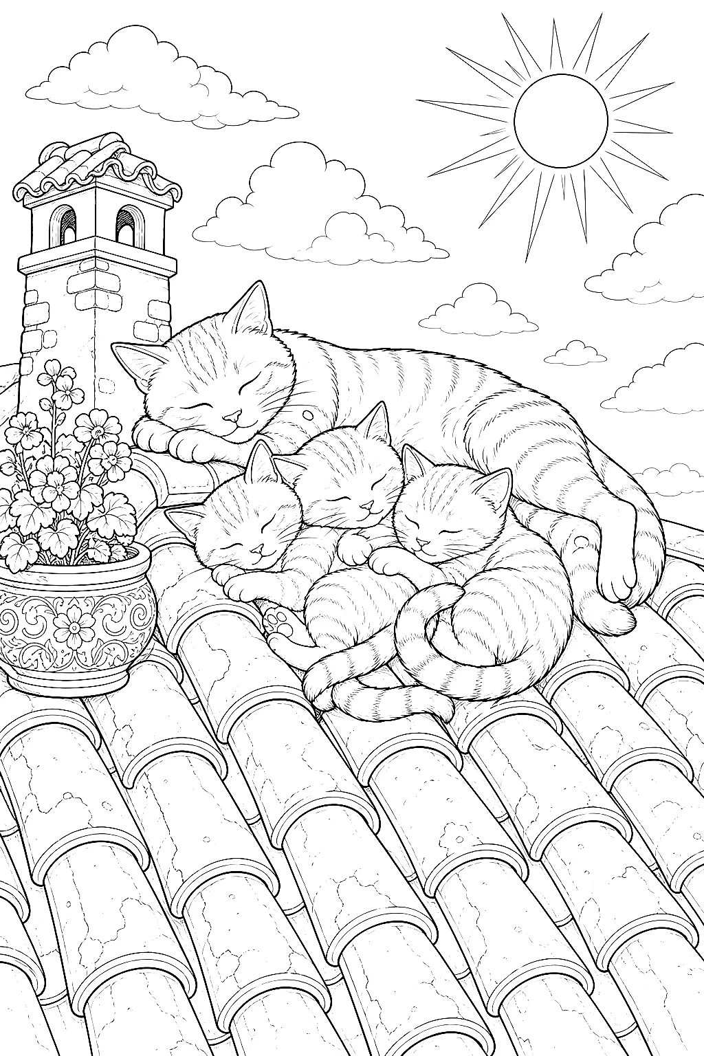Katzenfamilie auf warmem sonnigem Ziegeldach