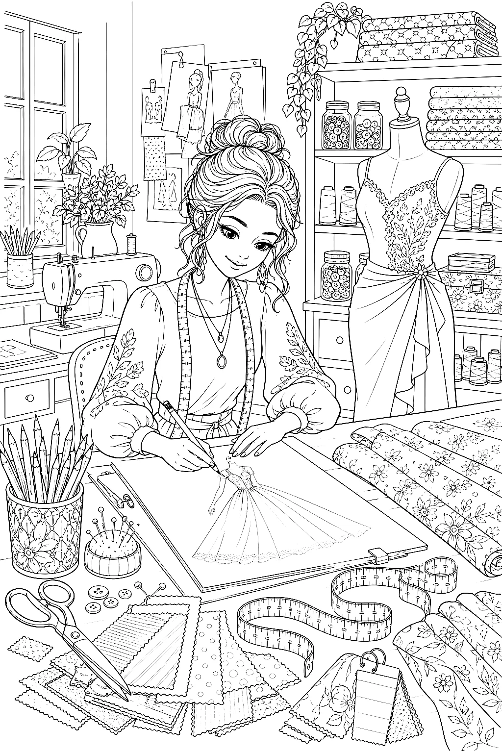 Designerin arbeitet an detailreichen Kleidern im Atelier