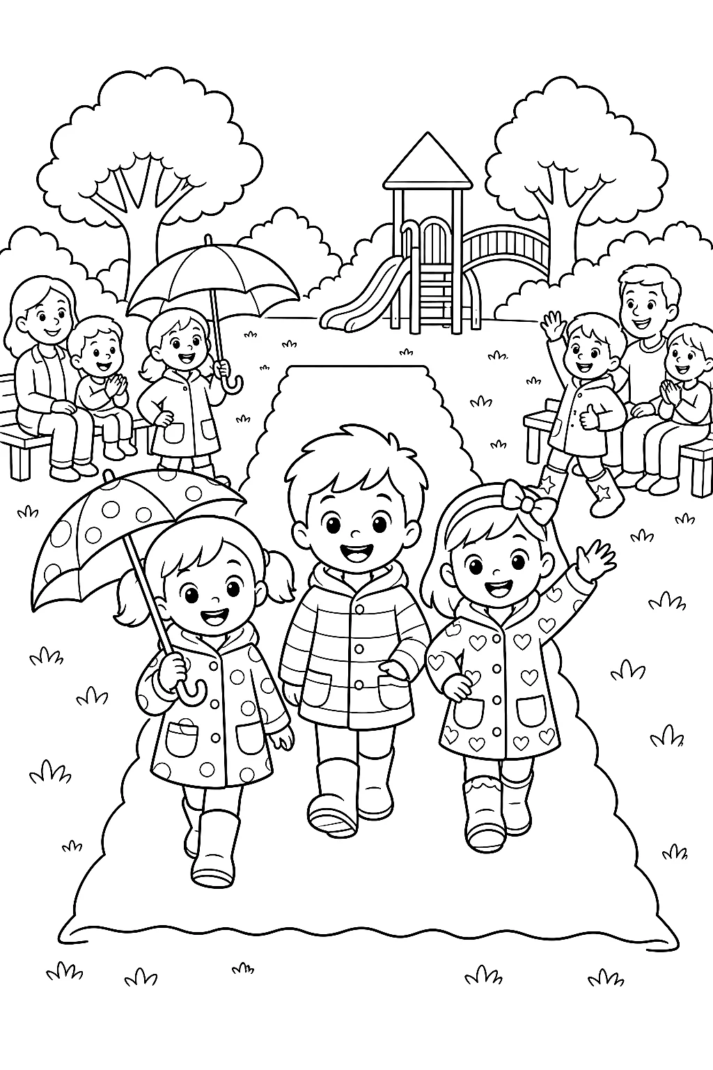 Kinder zeigen Regenmäntel und Gummistiefel