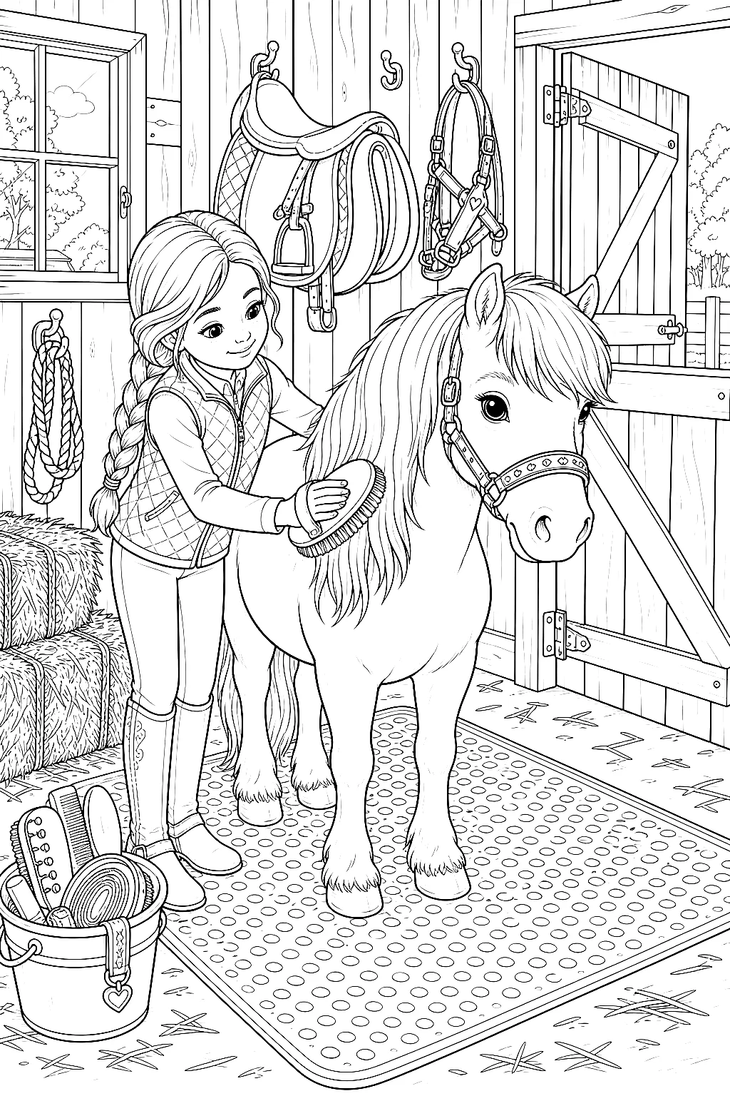Mädchen pflegt Pony mit Bürste, Zopf und Hufe