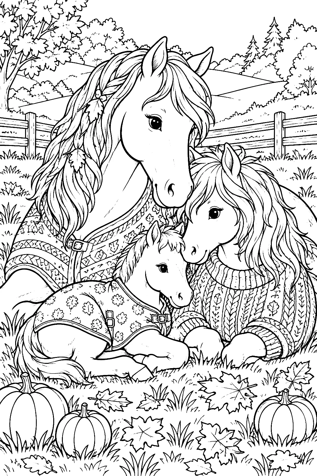 Mutterpferd, Pony und Fohlen auf detailreicher Herbstwiese
