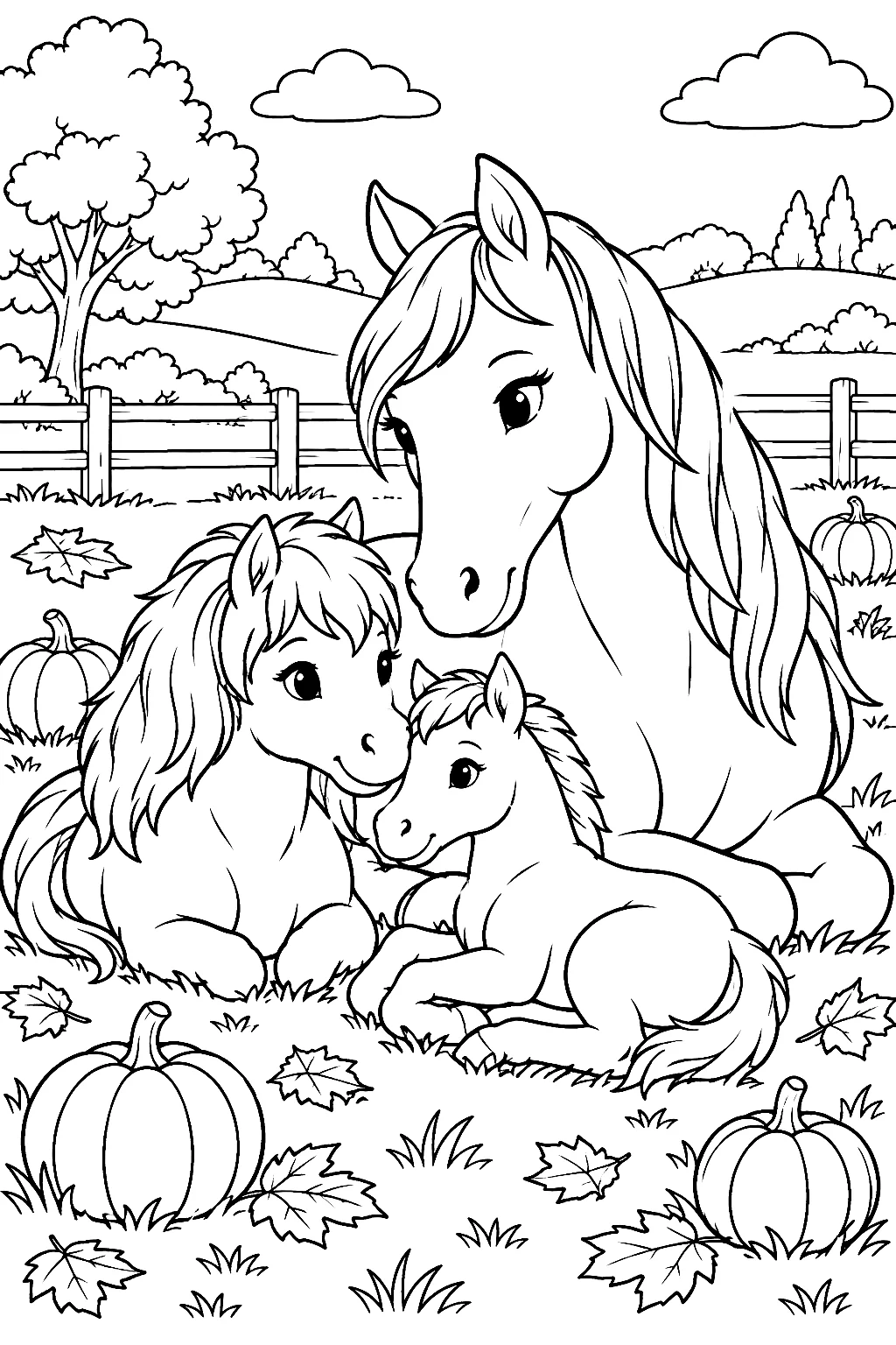 Mutterpferd, Pony und Fohlen auf Herbstwiese neben Kürbissen