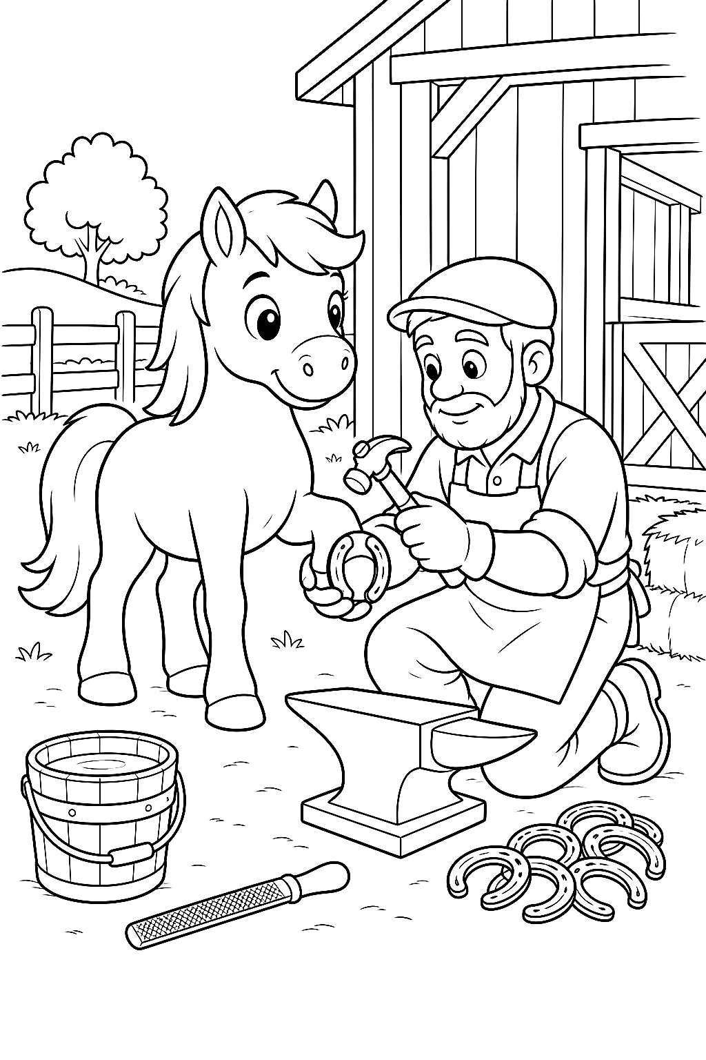 Pony beim Schmied hebt seinen Huf