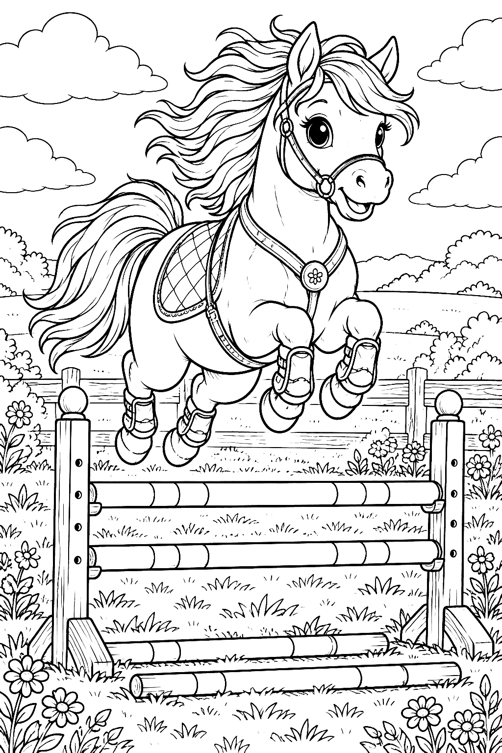 Komplexer Sprung eines Ponys im Parcours