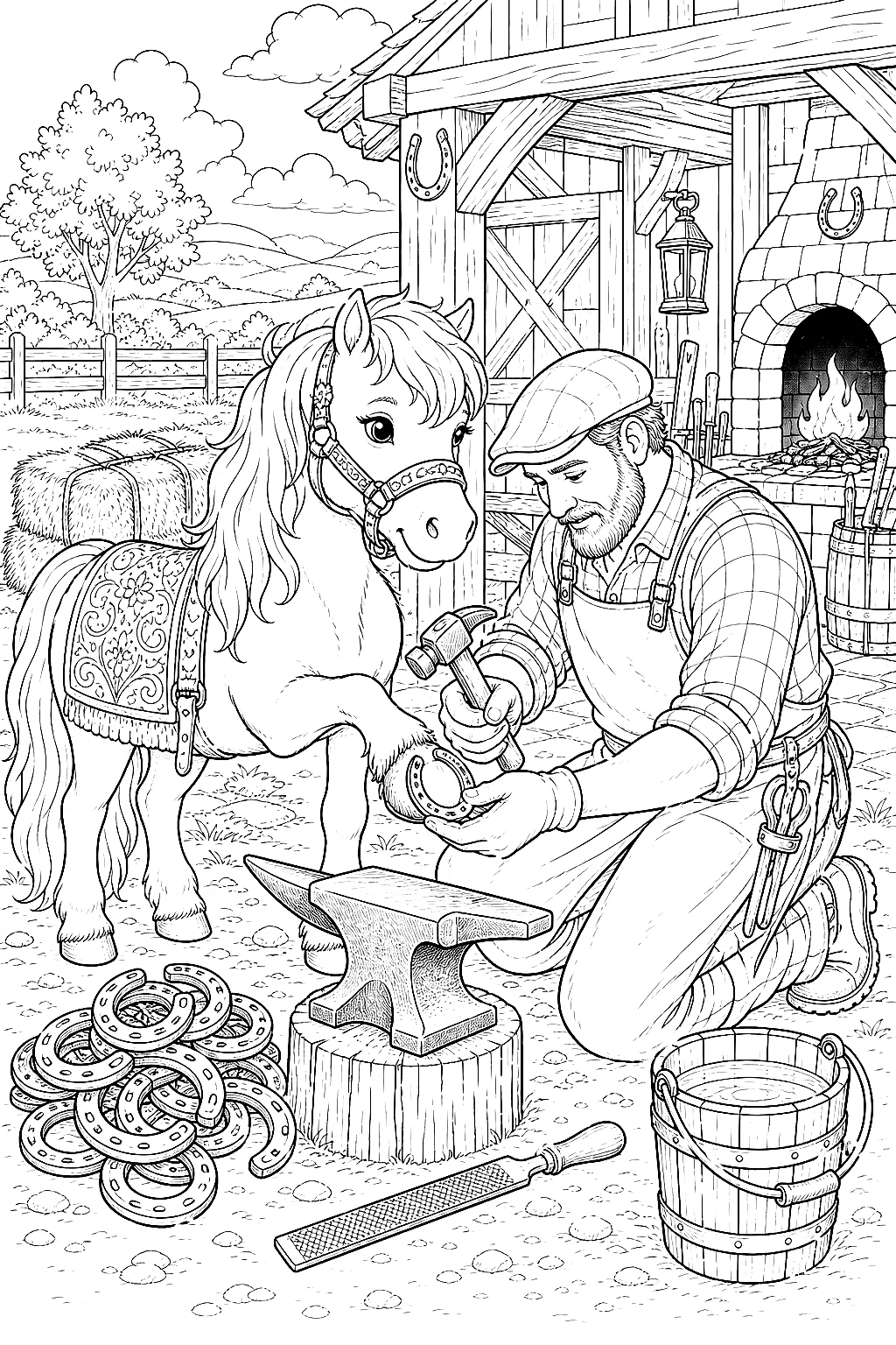 Schmied nagelt genau ein Hufeisen ans Pony
