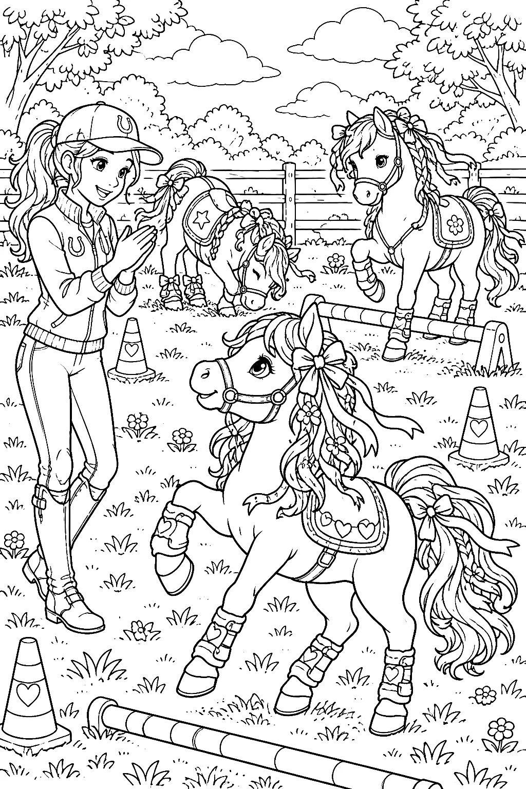 Detailreiche Pony-Trainerin mit vielen geschmückten Ponys