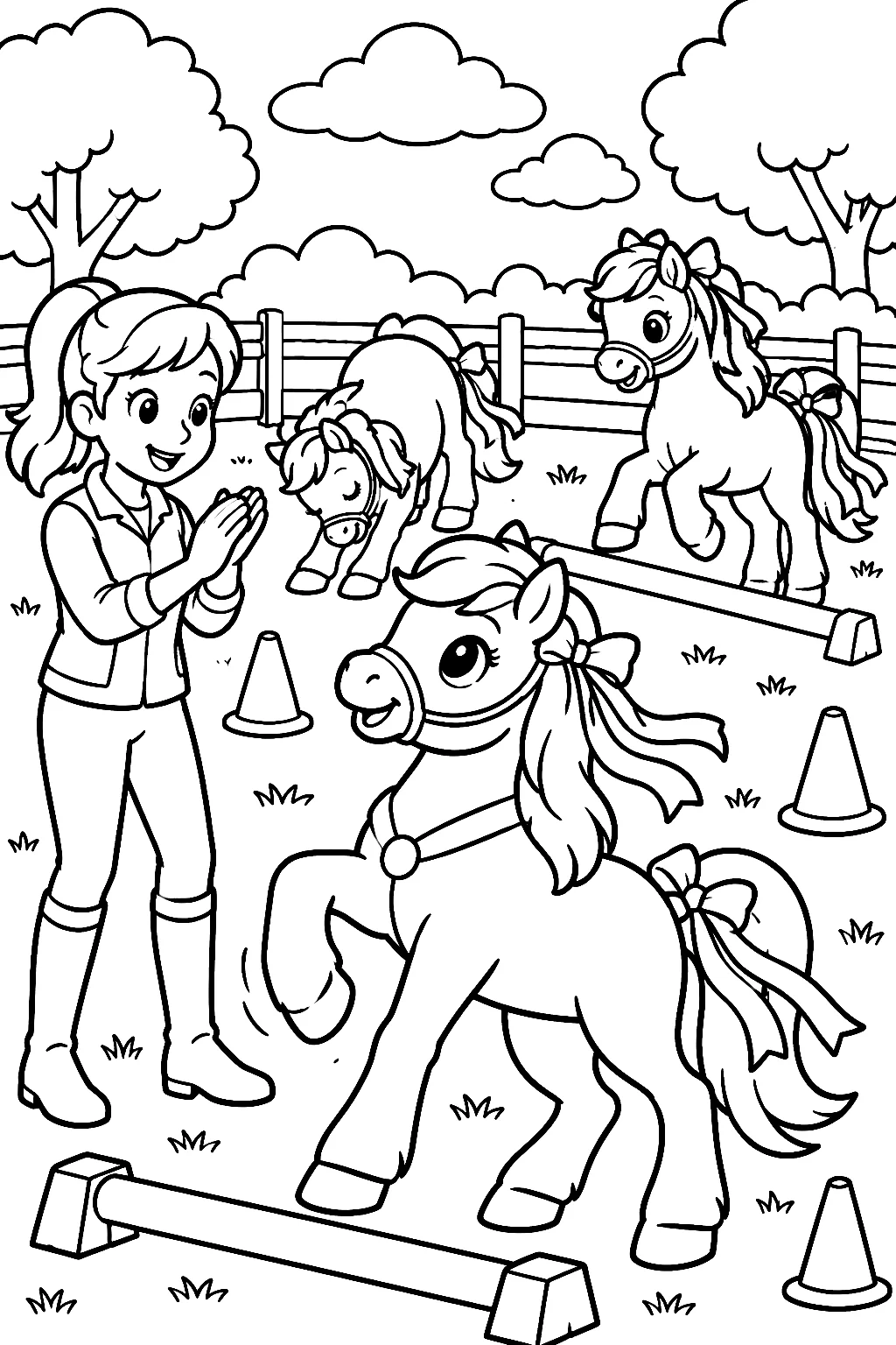 Trainerin und Ponys mit fröhlichen Bändern