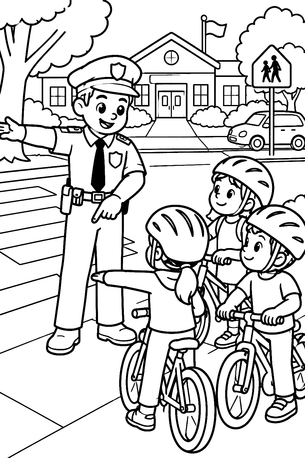 Netter Polizist zeigt Fahrradregeln am Gehweg