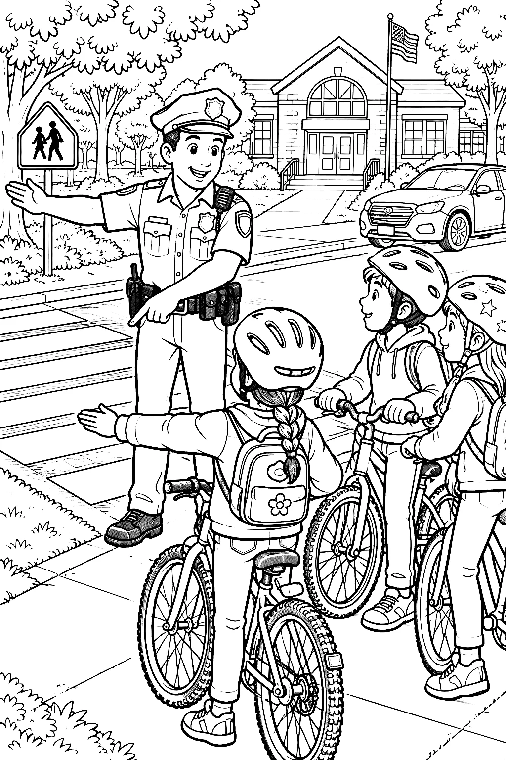 Polizist erklärt Handzeichen und Sicherheitsregeln auf Schulweg