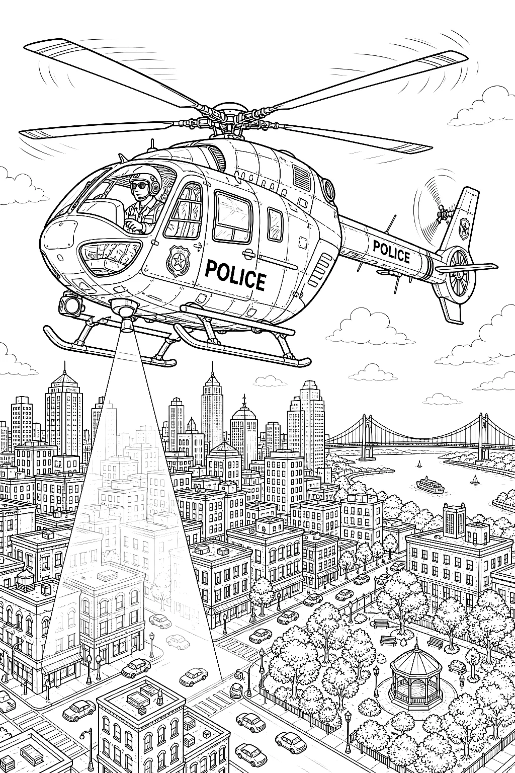 Detailreicher Polizeihubschrauber über dicht bebauter Stadtszene