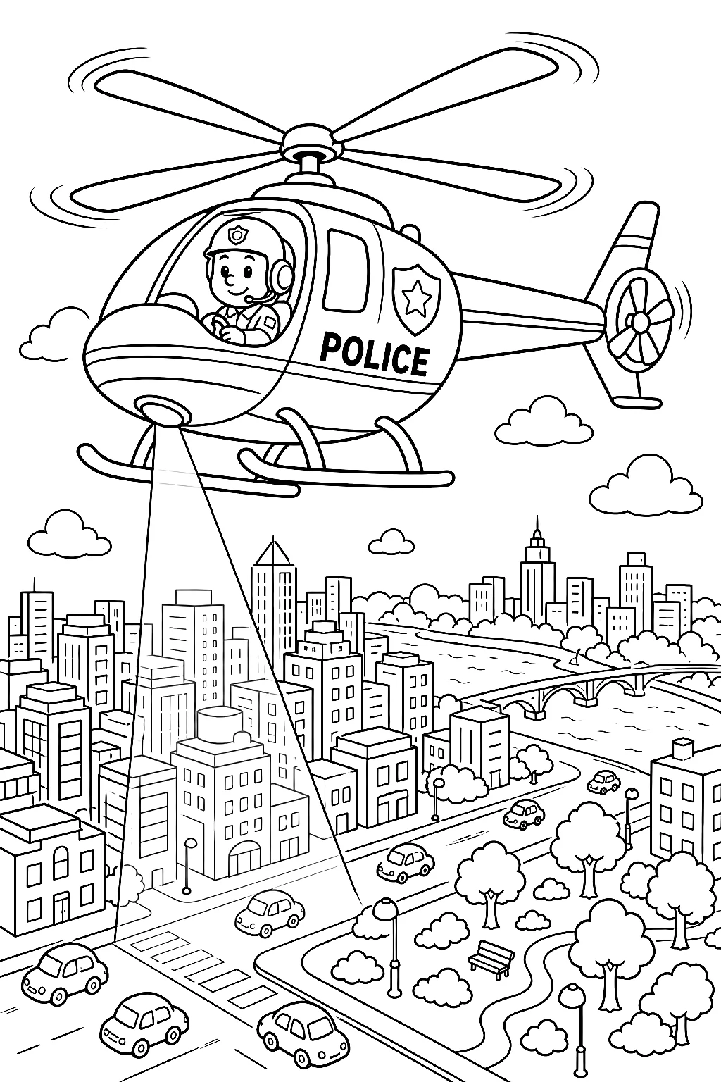 Großer Polizeihubschrauber über der Stadt
