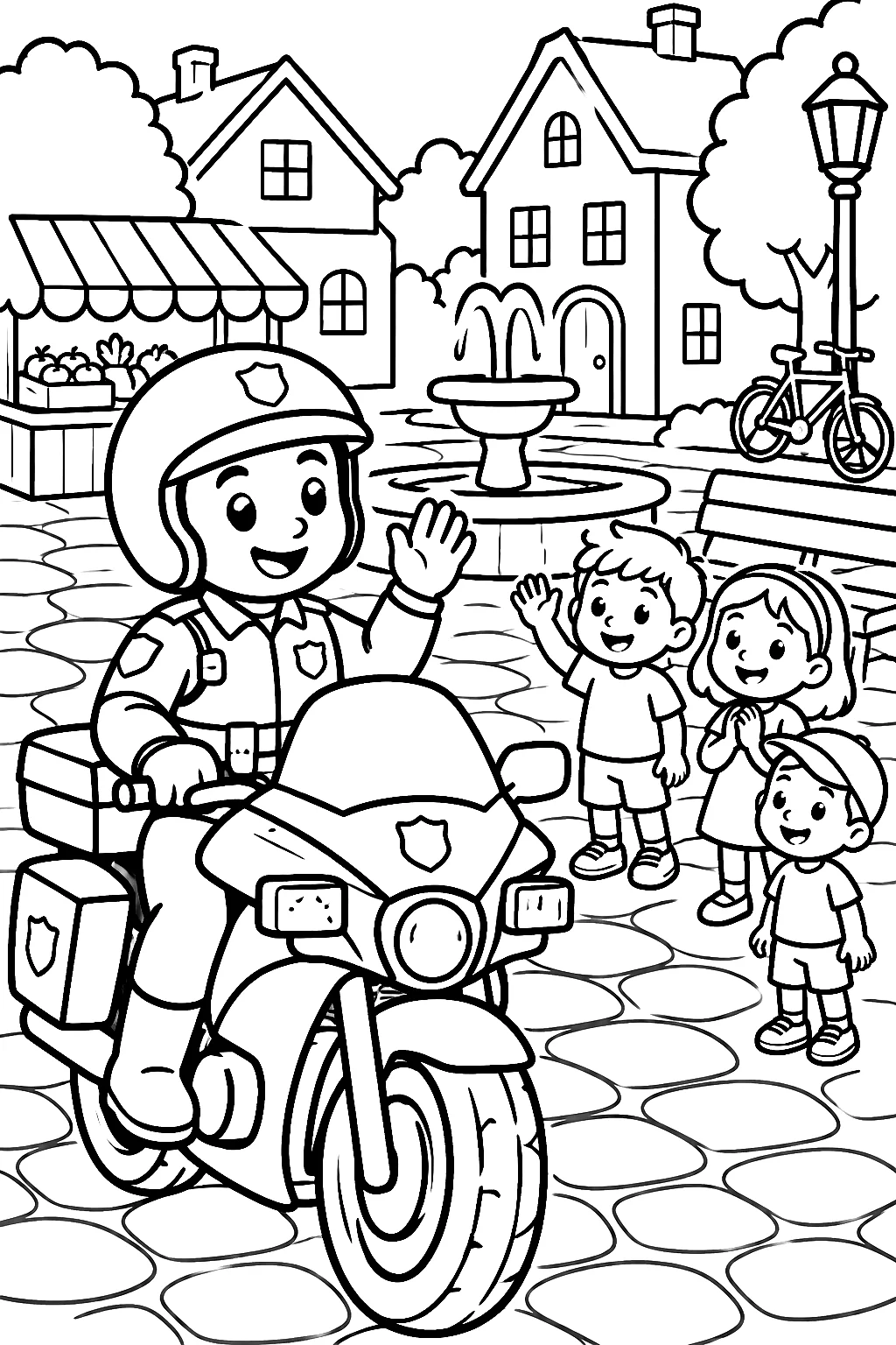Fröhlicher Polizist auf Motorrad im Dorf