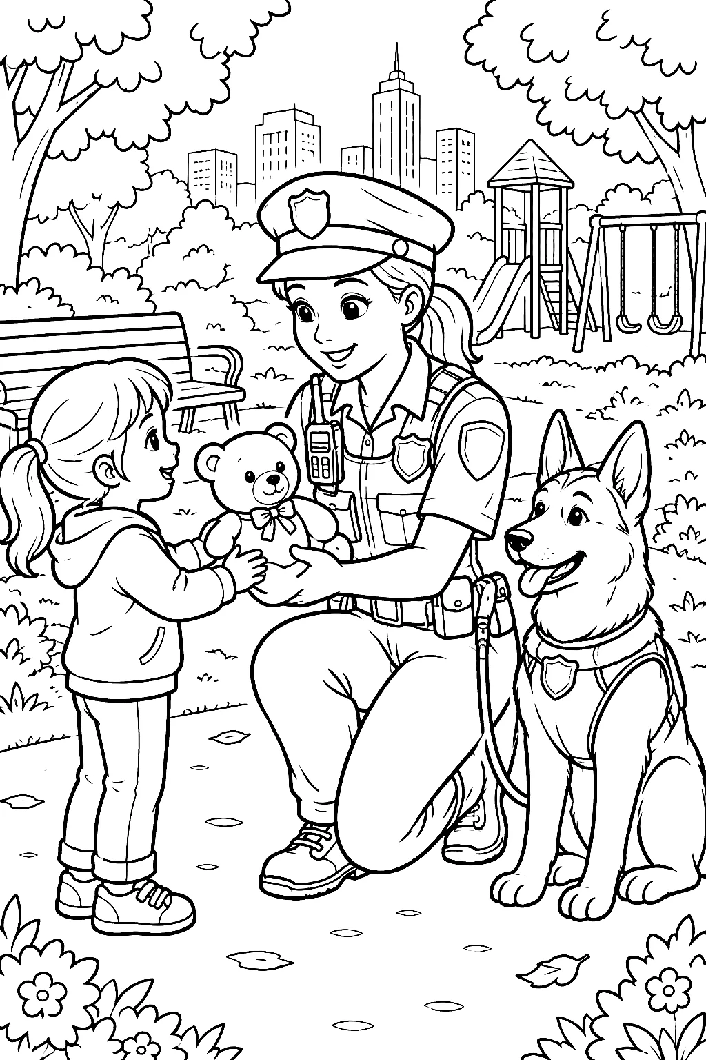 Polizistin und Hund übergeben Teddy im Park
