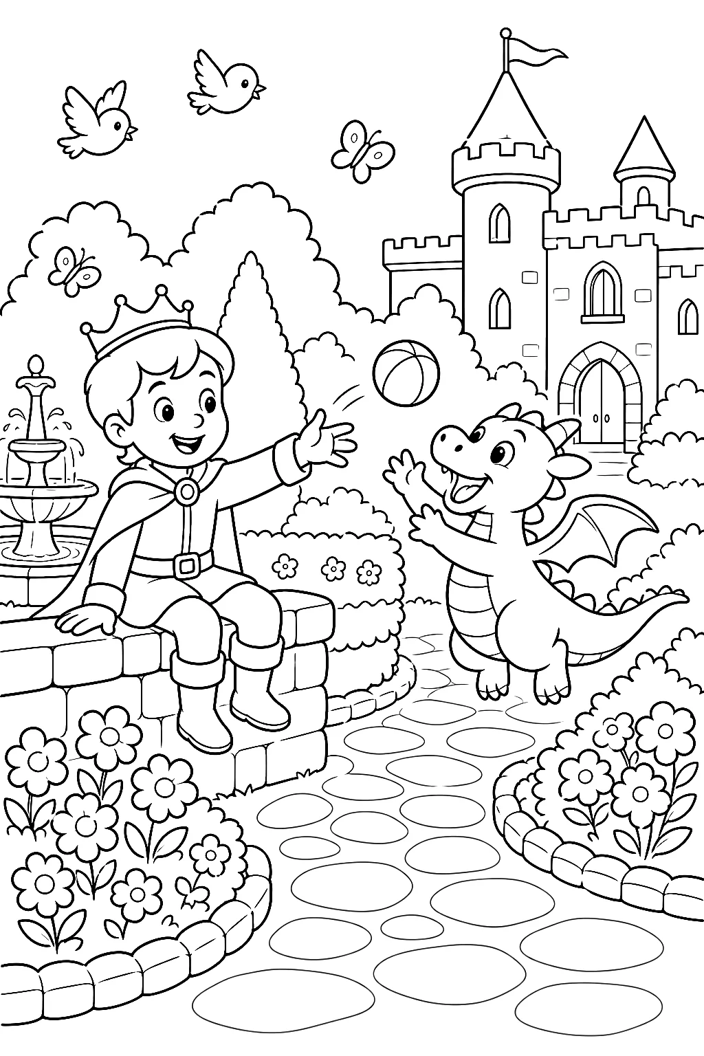 Prinz spielt mit Drache im Garten