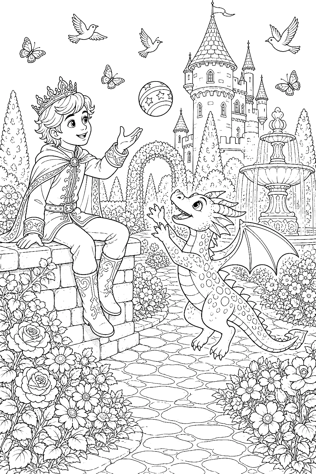 Prinz und Drache im detailreichen Schlossgarten